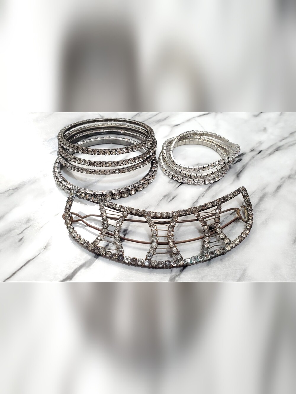 Vtg. Silver Crystal Statement Stretch Bracelets & Antique Hair Clip Bundles